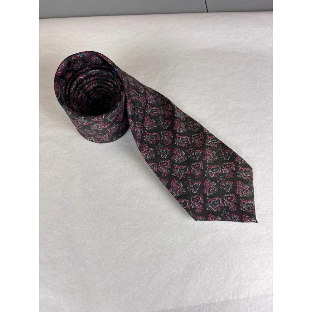 Oscar de la Renta Couture Mens Paisley Silk Tie Black Pink Blue Geometric Design